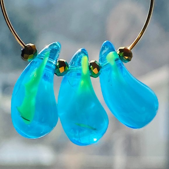 Lampwork Turquoise Teardrop Glass on Gold Plated Hoops - Picture 4 of 6